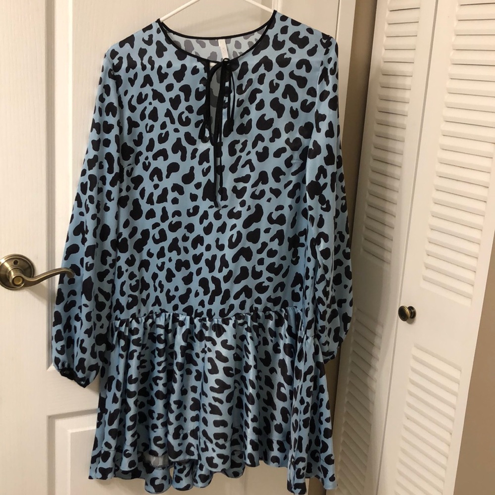 MASKA Blue satin dress with leopard black print